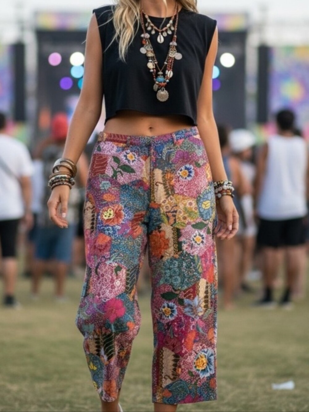 Vintage Chico's Multicolor Boho Festival Patchwork Wide-Leg Cropped Pants Sz 2
